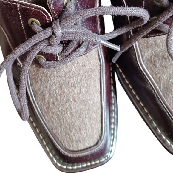 Antonio Melani Shoes 9M Brown Leather Felt Block Heel Slingback Lace Up Retro - Picture 6 of 9
